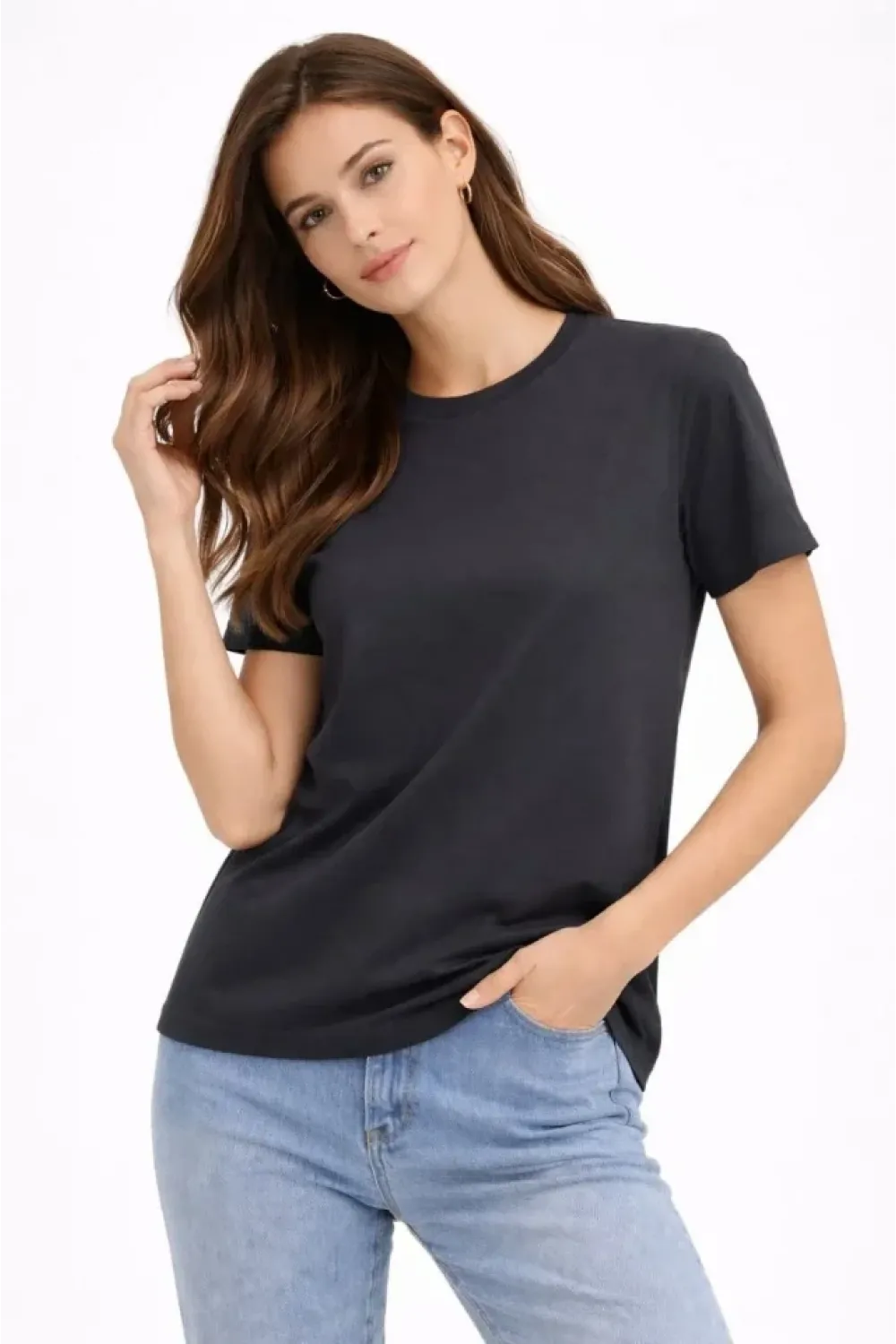 Bisiklet Yaka Tişört Regular Kalıp Basic Pamuklu Günlük Kullanım T-shirt - Füme