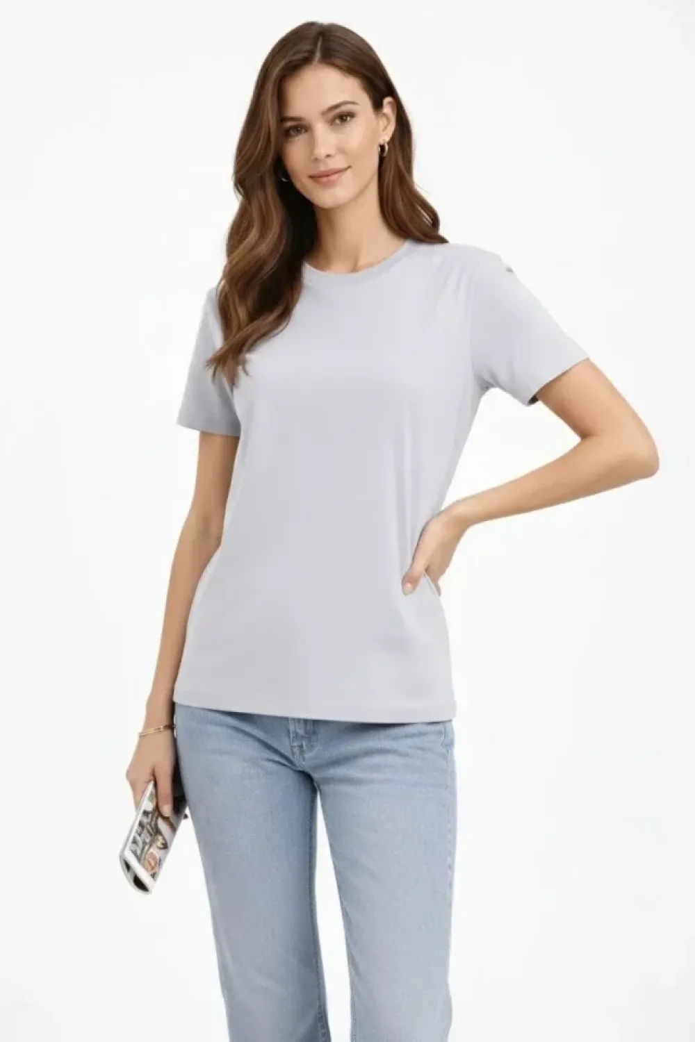 Bisiklet Yaka Tişört  Regular Kalıp Basic Pamuklu  Günlük Kullanım  T-shirt - Gri
