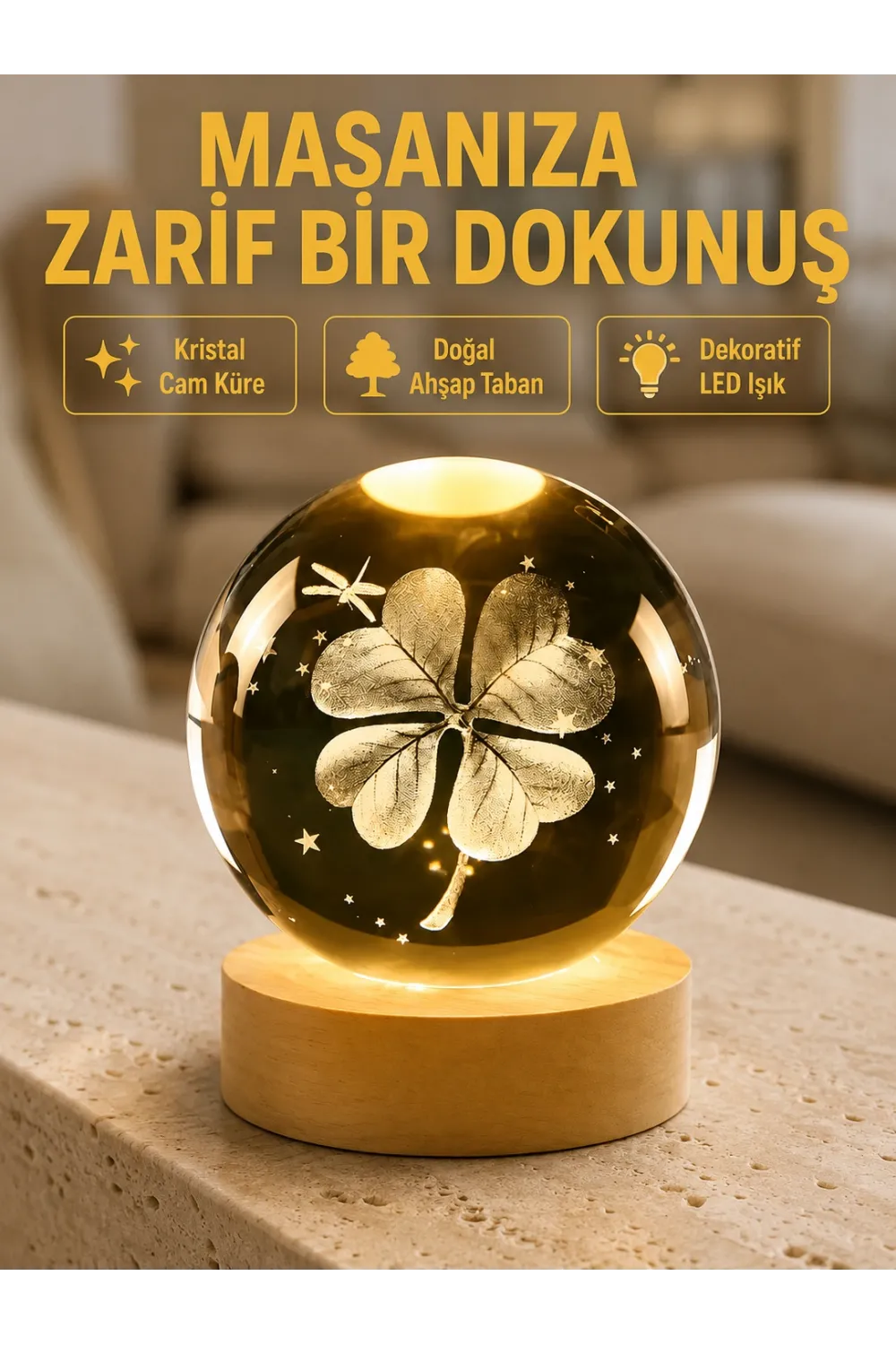 Bitki Temalı Led Işıklı Cam Küre Ahşap Standlı Modern Gece Lambası