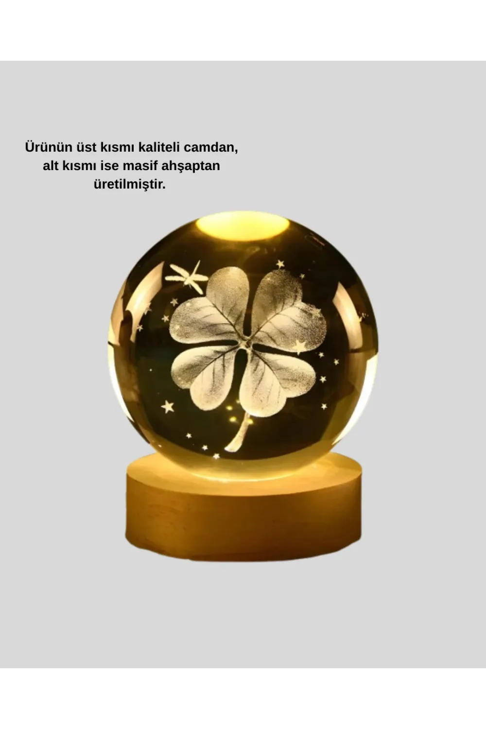 Bitki Temalı Led Işıklı Cam Küre Ahşap Standlı Modern Gece Lambası