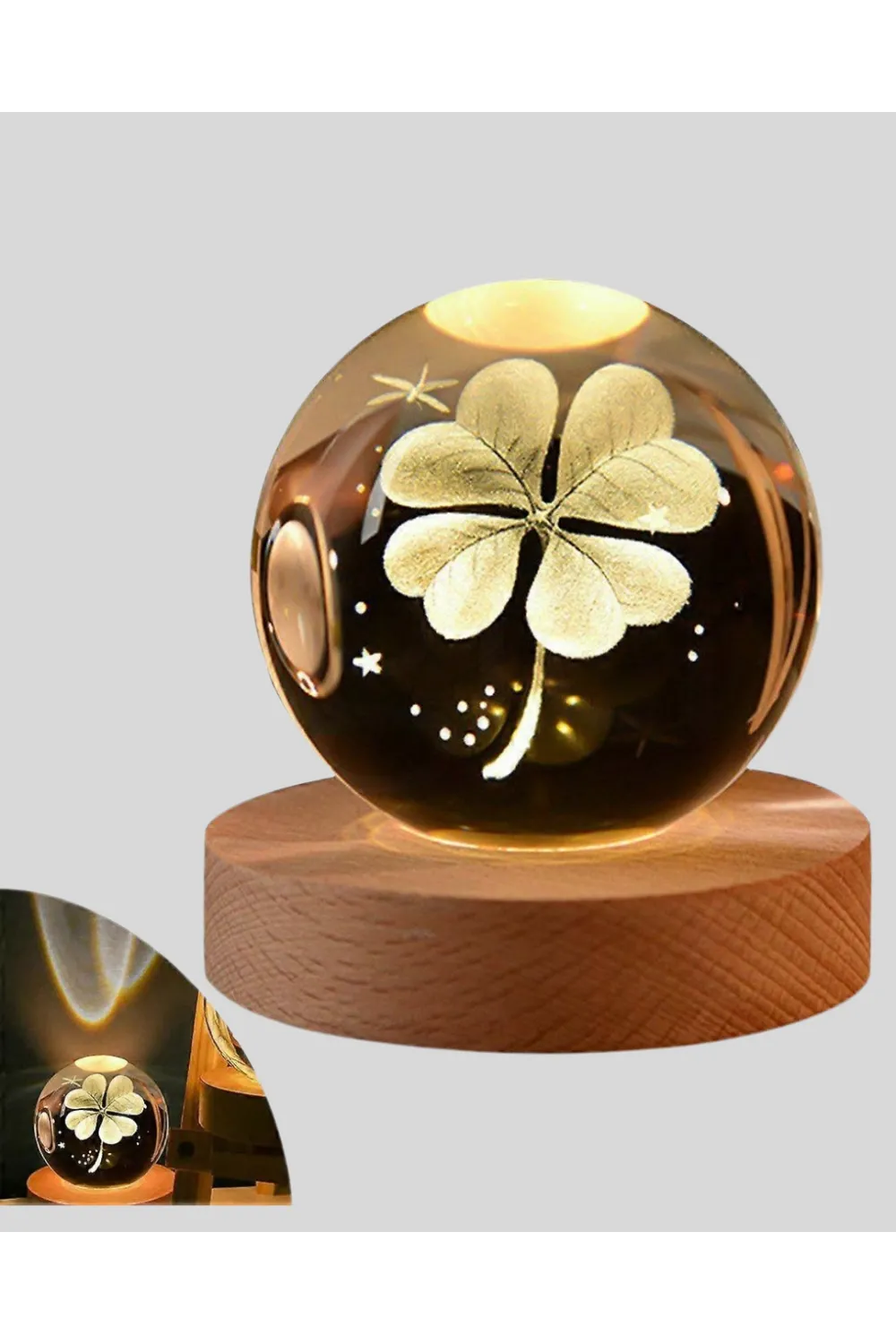 Bitki Temalı Led Işıklı Cam Küre Ahşap Standlı Modern Gece Lambası