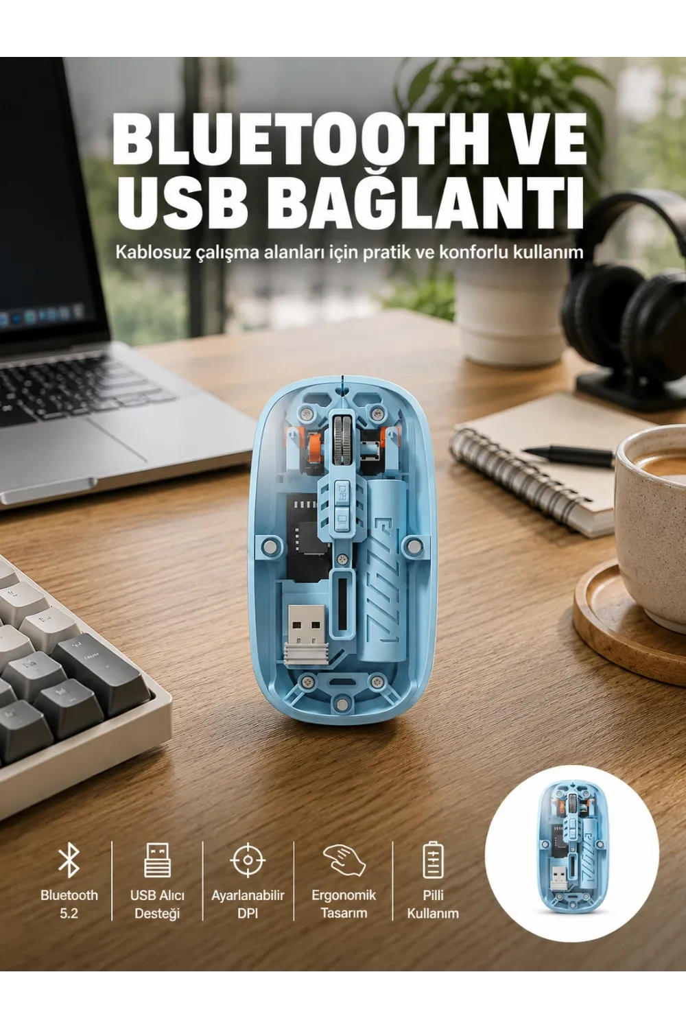 Bluetooth 5.2 Destekli Mavi Pilli Kablosuz Mouse Yeni Nesil