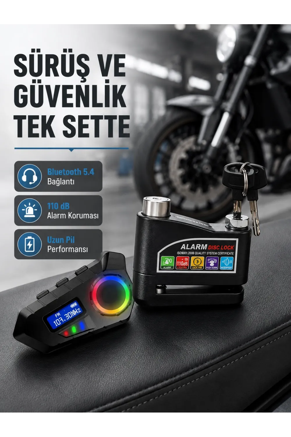 Bluetooth 5.4 İntercom Ve Alarmlı Disk Kilidi Seti Güçlü Ses Ve Güvenlik