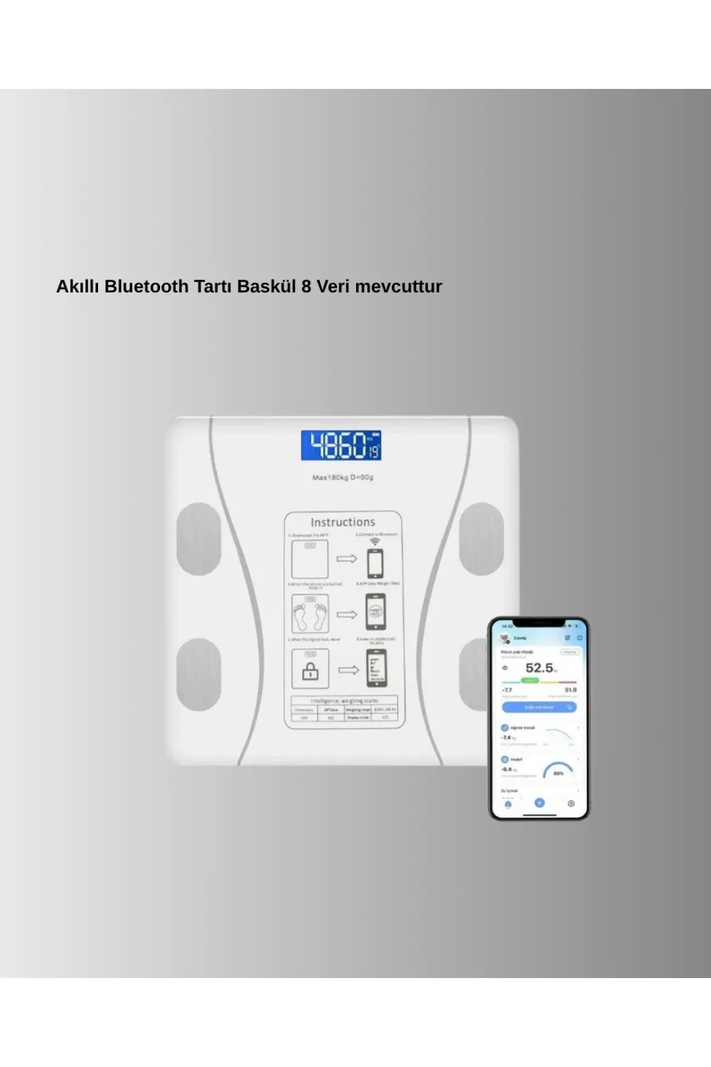 Bluetooth Akıllı Tartı – 8 Fonksiyonlu Dijital Baskül, 180 Kg Kapasiteli
