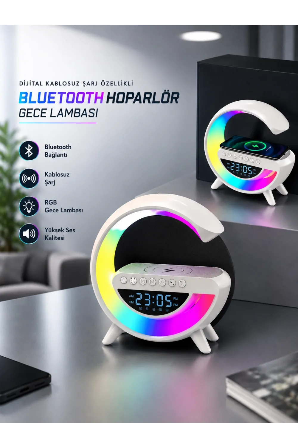 Bluetooth Hoparlör 15w Kablosuz Hızlı Şarj Led Gece Lambası