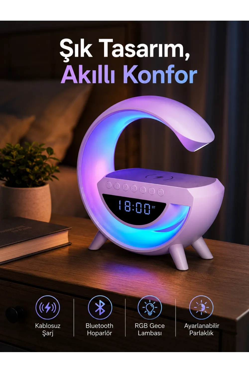 Bluetooth Hoparlör 15w Kablosuz Hızlı Şarj Led Gece Lambası