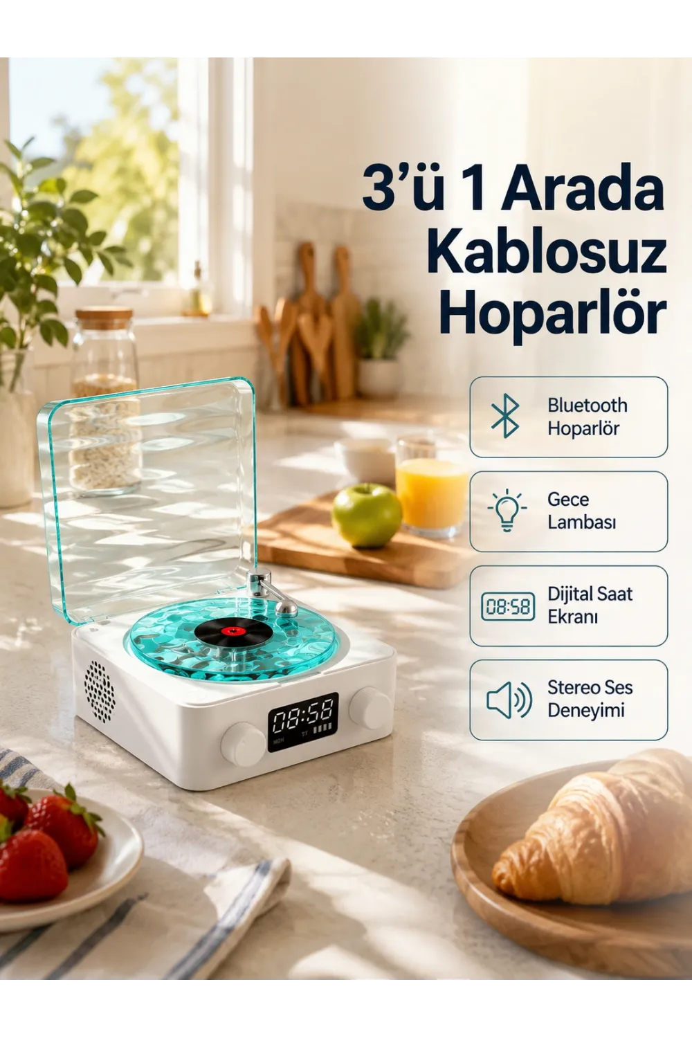 Bluetooth Hoparlör – 3-ü-1 Saatli Gece Lambası Ve Vintage Tasarım