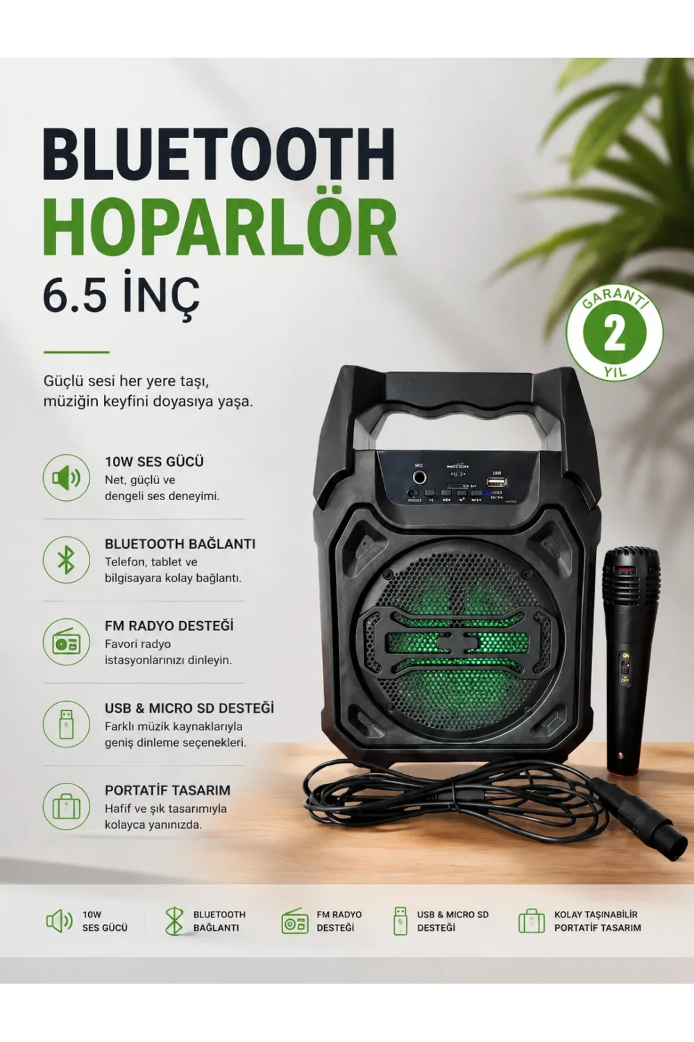 Bluetooth Hoparlör Mikrofonlu Taşınabilir Ses Sistemi Fm Radyo, Usb, Sd Kart Ve Tws Özellikli