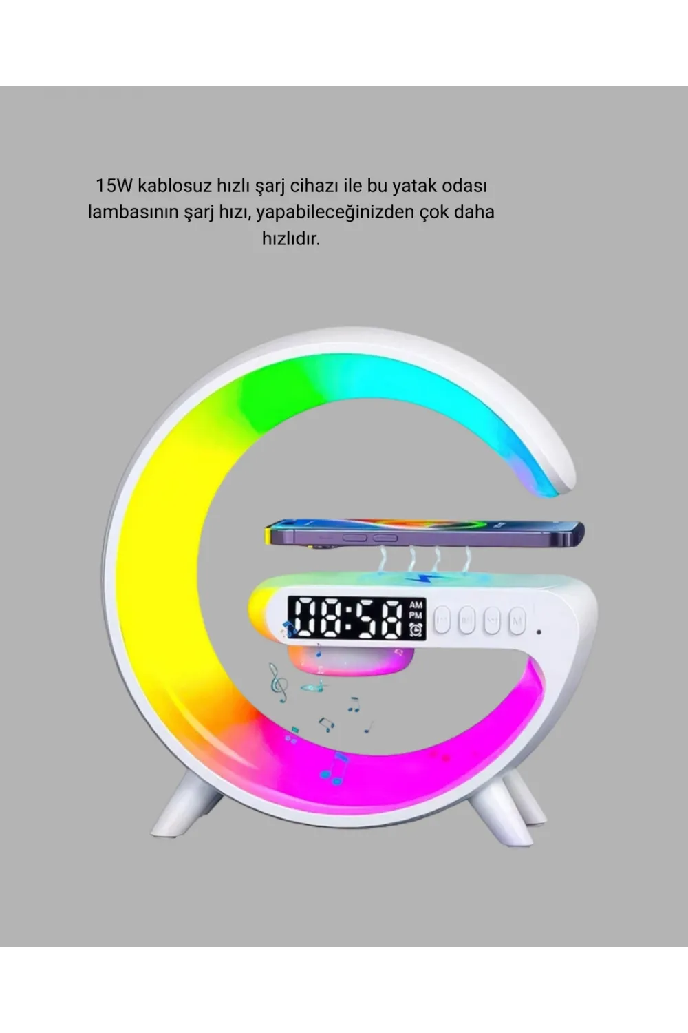 Bluetooth Hoparlörlü Rgb Atmosfer Lambası Kablosuz Şarj Ve Saat Özellikli
