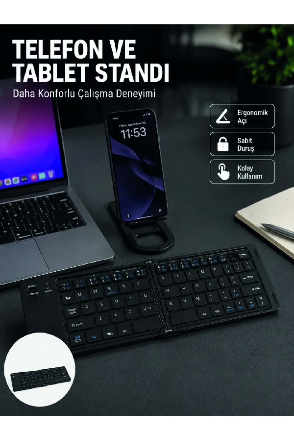 Bluetooth Katlanabilir Klavye Usb-c Şarjlı 3 Cihaz Bağlantılı Taşınabilir Klavye