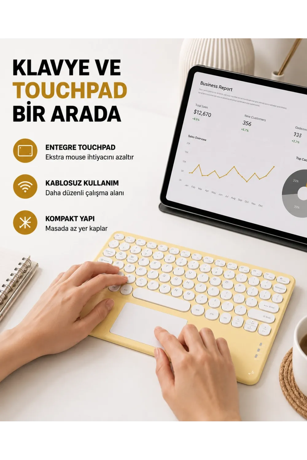 Bluetooth Klavye – Kablosuz, Sessiz Tuşlu, Android İos Windows Uyumlu, Kompakt Taşınabilir Tasarım