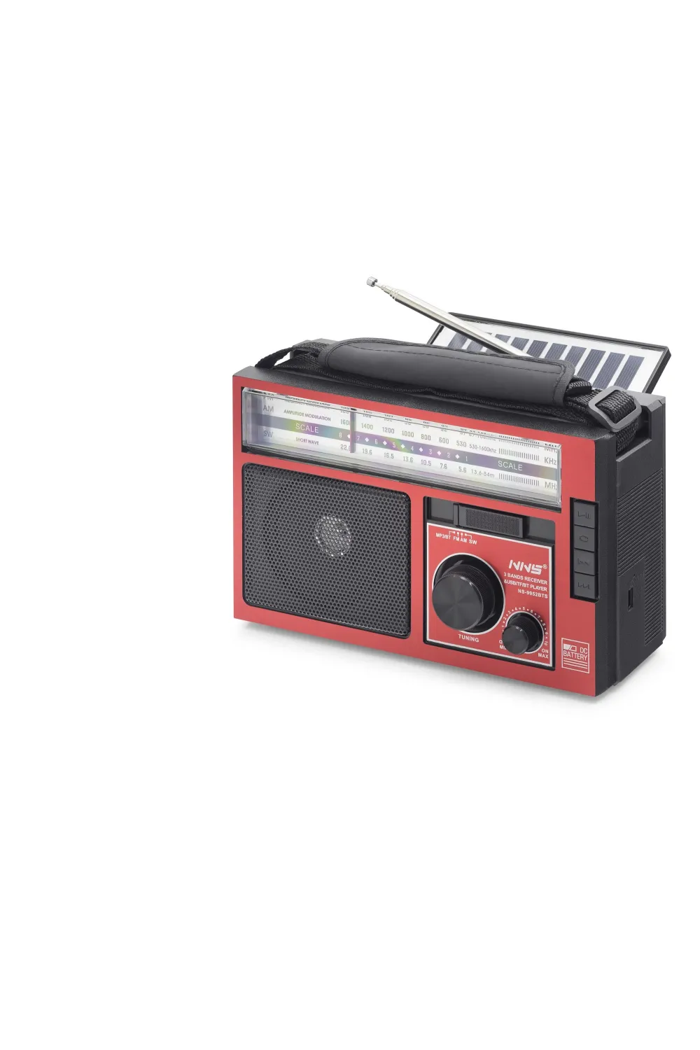 Bluetooth Solar Panelli Fm Radyo Usb Tf Nostaljik Hoparlör - Kırmızı Siyah NS9952BTS