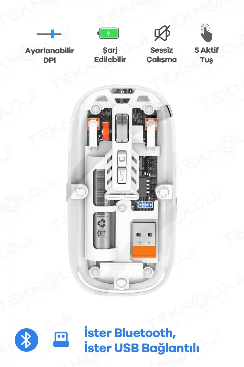 Bluetooth USB Çift Modlu Sessiz Mouse, Şeffaf Mıknatıslı Kapaklı, TypeC Şarjlı, DPI Ayarlı, Kablosuz 10m Çekim Mesafeli, Masaüstü Kısayol Tuşlu, Taşınabilir Şarjlı Mouse Beyaz