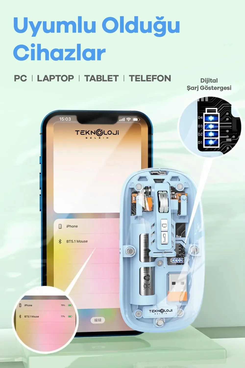 Bluetooth USB Çift Modlu Sessiz Mouse, Şeffaf Mıknatıslı Kapaklı, TypeC Şarjlı, DPI Ayarlı, Kablosuz 10m Çekim Mesafeli, Masaüstü Kısayol Tuşlu, Taşınabilir Şarjlı Mouse Siyah