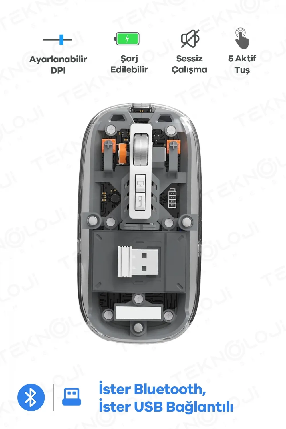 Bluetooth USB Çift Modlu Sessiz Mouse, Şeffaf Mıknatıslı Kapaklı, TypeC Şarjlı, DPI Ayarlı, Kablosuz 10m Çekim Mesafeli, Masaüstü Kısayol Tuşlu, Taşınabilir Şarjlı Mouse Siyah