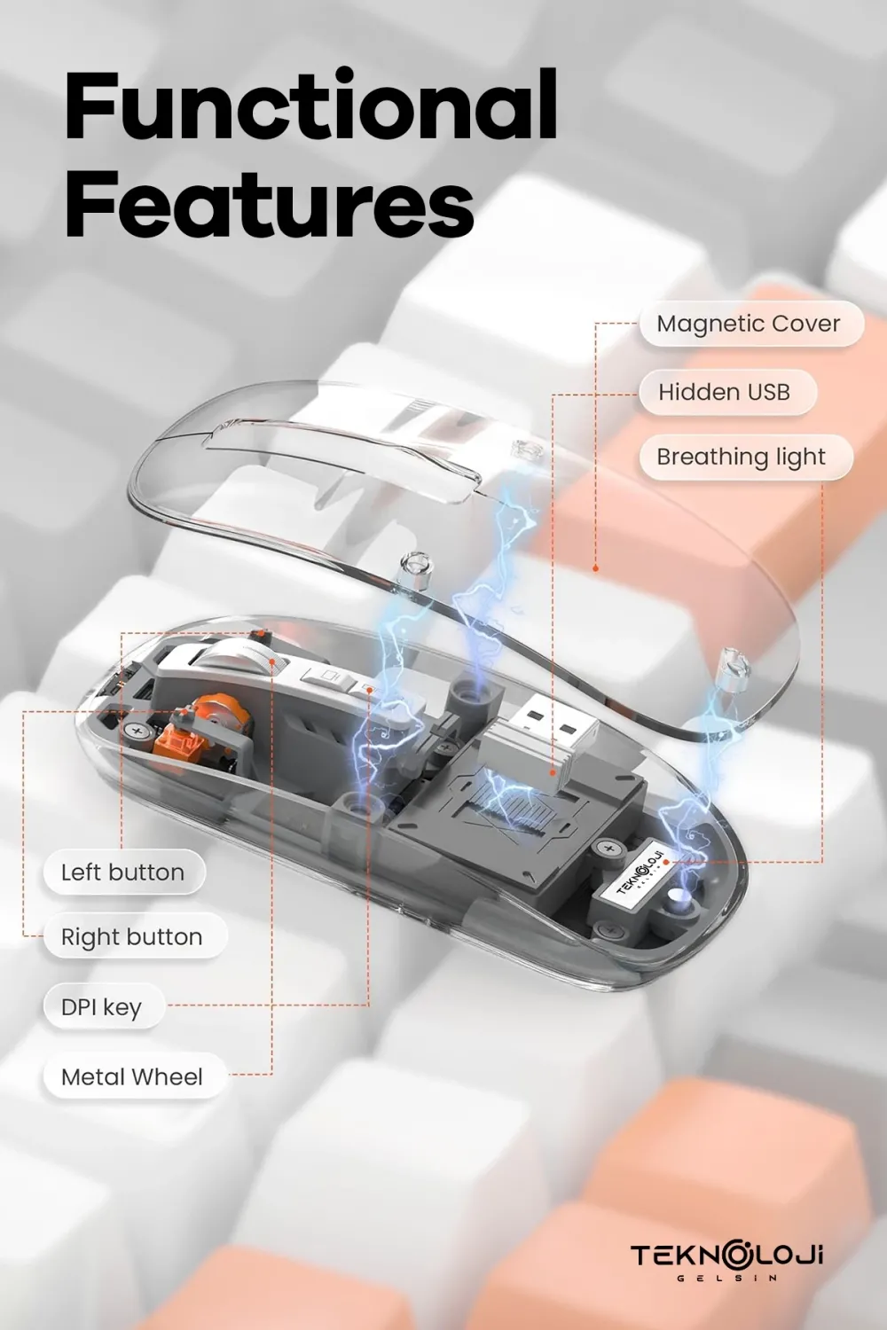 Bluetooth USB Çift Modlu Sessiz Mouse, Şeffaf Mıknatıslı Kapaklı, TypeC Şarjlı, DPI Ayarlı, Kablosuz 10m Çekim Mesafeli, Masaüstü Kısayol Tuşlu, Taşınabilir Şarjlı Mouse Turuncu