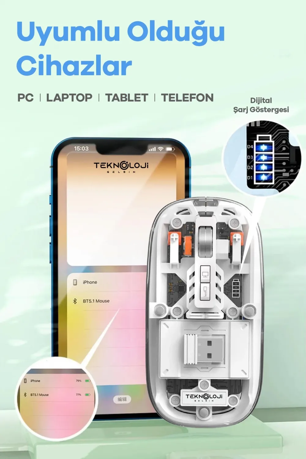 Bluetooth USB Çift Modlu Sessiz Mouse, Şeffaf Mıknatıslı Kapaklı, TypeC Şarjlı, DPI Ayarlı, Kablosuz 10m Çekim Mesafeli, Masaüstü Kısayol Tuşlu, Taşınabilir Şarjlı Mouse Turuncu