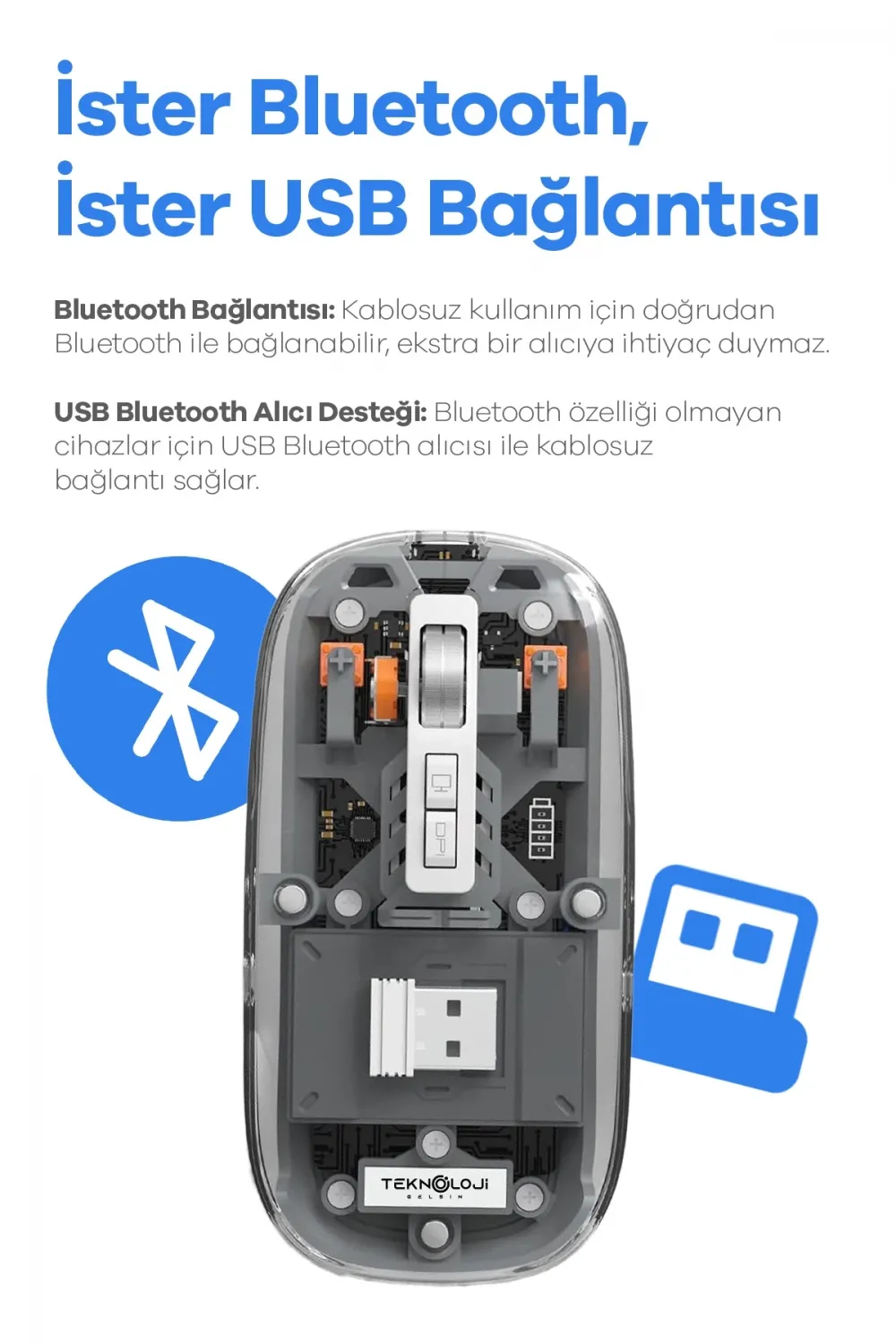 Bluetooth USB Çift Modlu Sessiz Mouse, Şeffaf Mıknatıslı Kapaklı, TypeC Şarjlı, DPI Ayarlı, Kablosuz 10m Çekim Mesafeli, Masaüstü Kısayol Tuşlu, Taşınabilir Şarjlı Mouse Turuncu