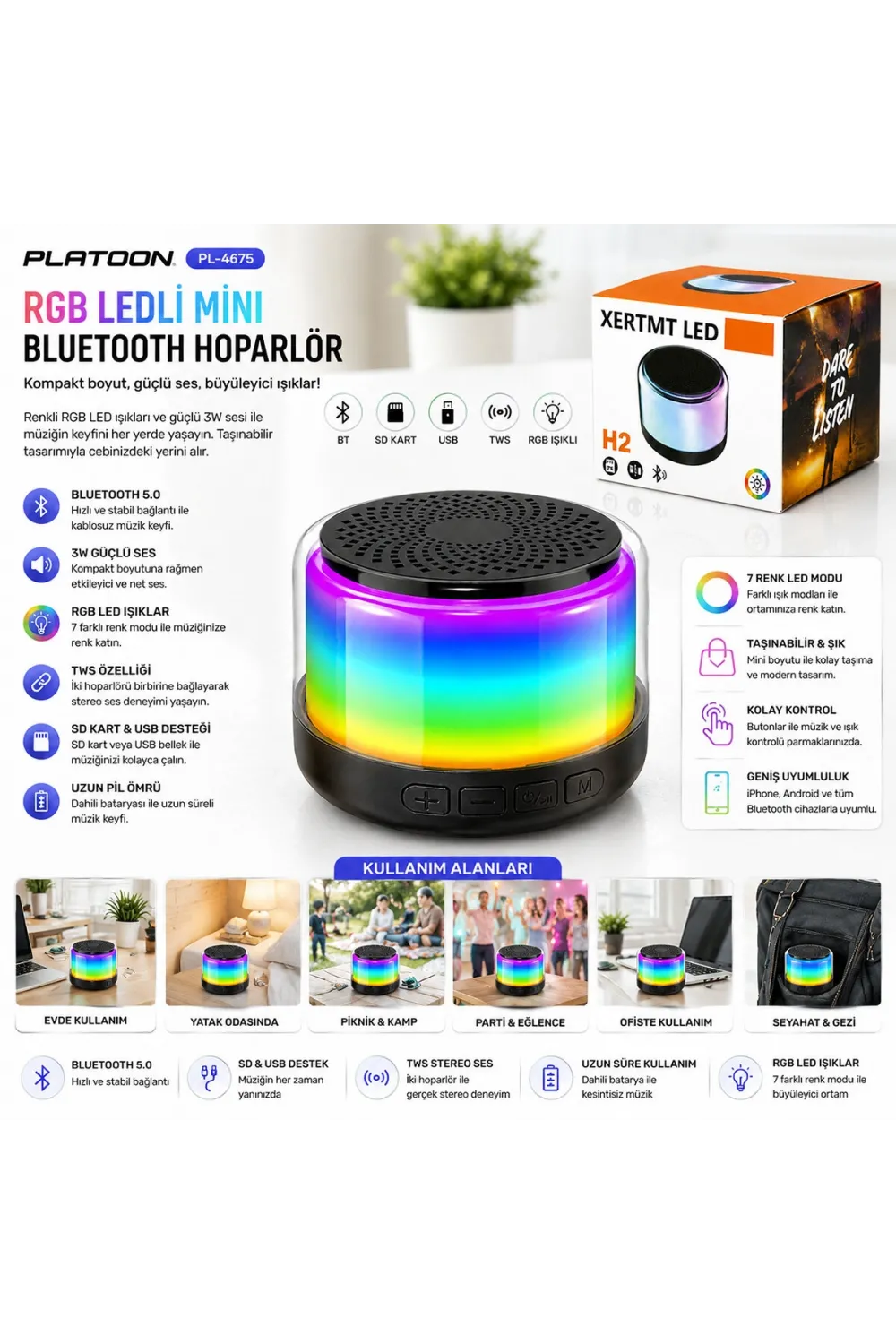 Bt - Sd - Usb Şarjlı Rgb Işıklı Bluetooth Wireless Speaker Hoparlör 3w Pl-4675