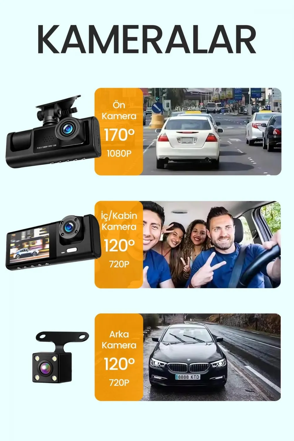 C309 Tipi 3 Kameralı Lcd Ekran Araç Kamerası Hareket Sensörlü Gece Görüşlü G Sensörlü
