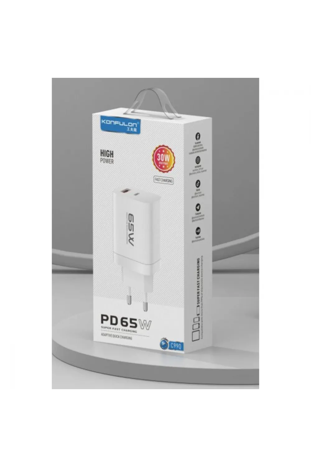 C99Q 65w Pd Destekli Type-c Ve Usb Çift Çıkışlı Hızlı Şarj Adaptörü - Beyaz