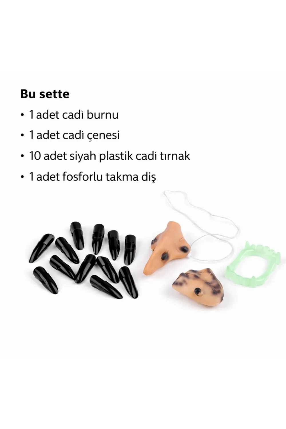 Cadı Aksesuar Seti – Burun, Çene, Fosforlu Diş ve 10 Adet Siyah Tırnak