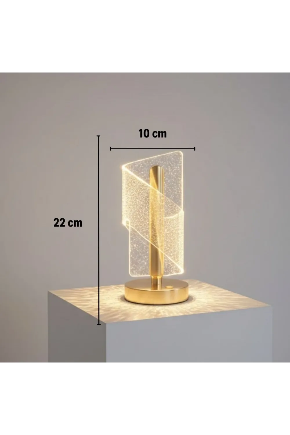 Çapraz Kavisli Kristal Simli Led Masa Lambası – Gold Gövdeli, Dokunmatik, 3 Kademe Işık Ayarlı Şarjlı Dekoratif Lamba