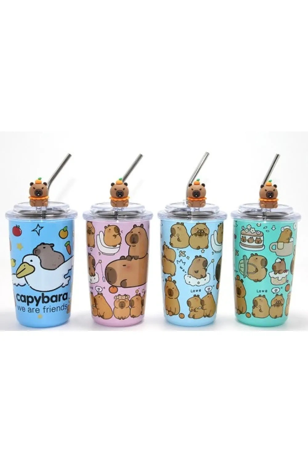 Capybara Figürlü Isı Muhafazalı Metal Pipetli Paslanmaz Çelik Kupa