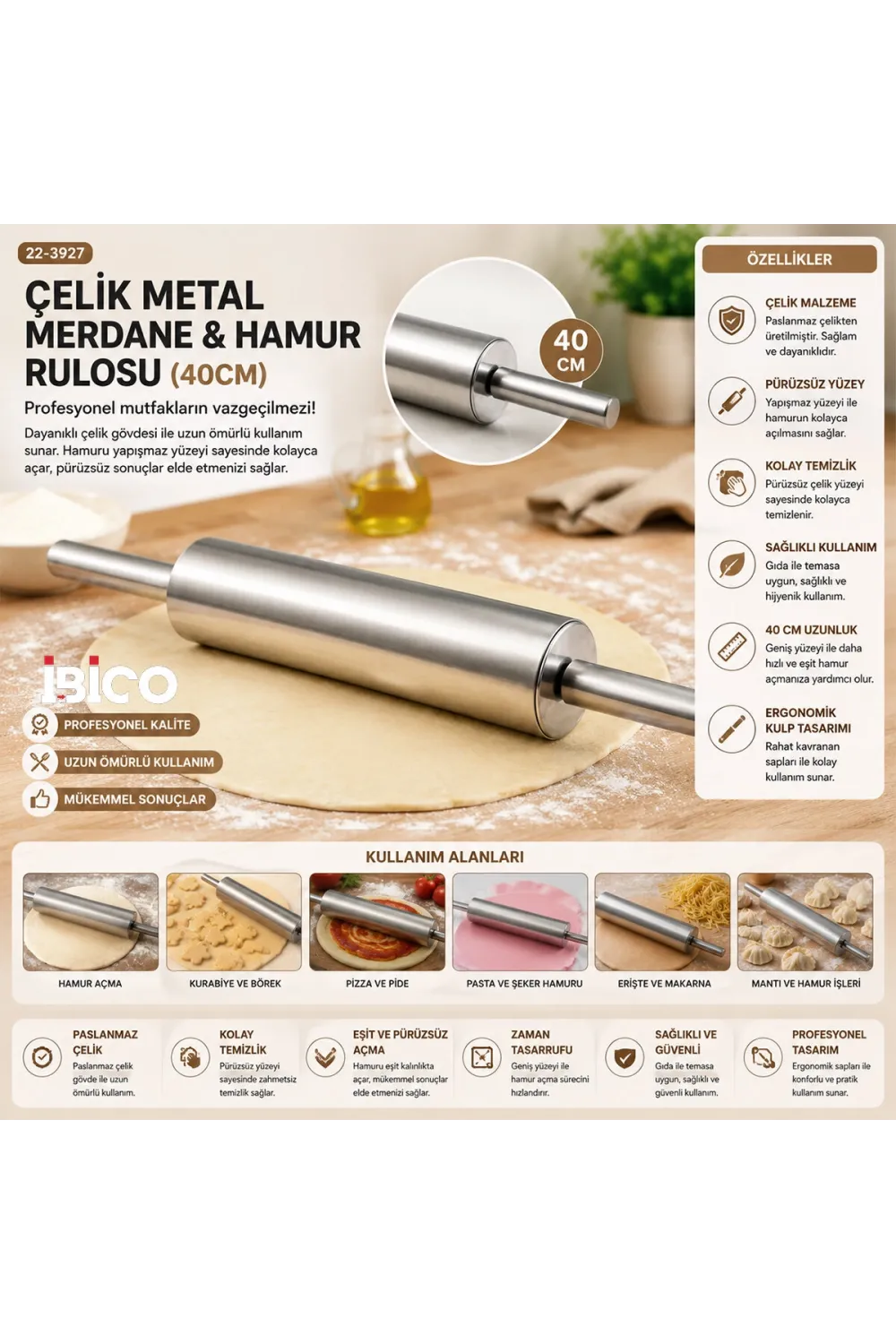Çelik Metal Merdane - Hamur Rulosu 40cm