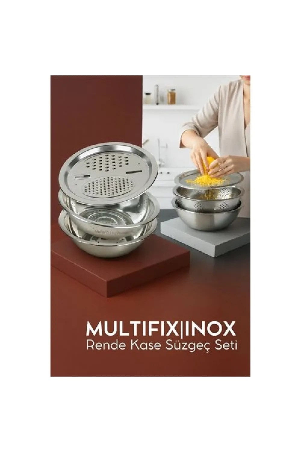 Çelik Rende Kase Süzgeç Seti - MultiFix 3 in 1 Paslanmaz Çelik 722050