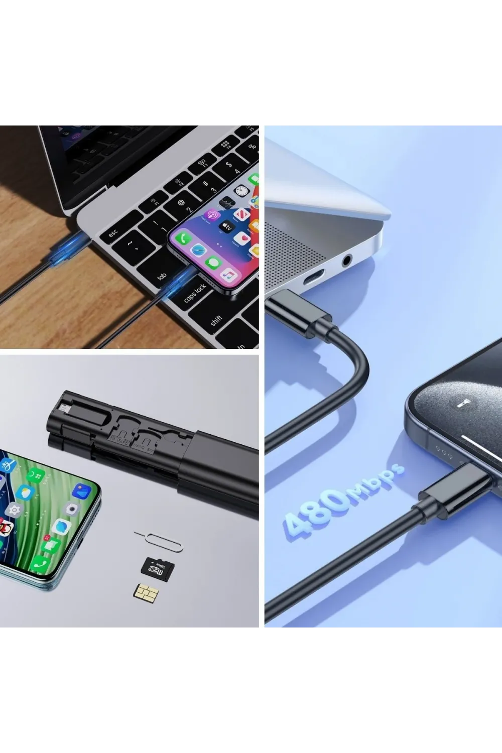 Cep Tipi 60W Bas Aç Type-C,İphone Şarj,Micro USB Hızlı Şarj Data Kablo Seti