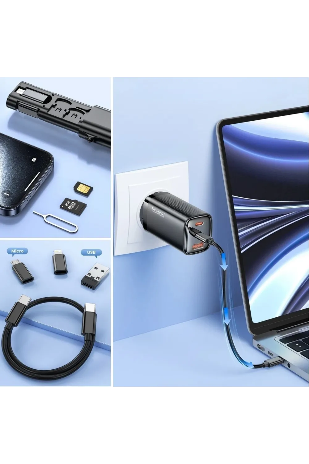 Cep Tipi 60W Bas Aç Type-C,İphone Şarj,Micro USB Hızlı Şarj Data Kablo Seti