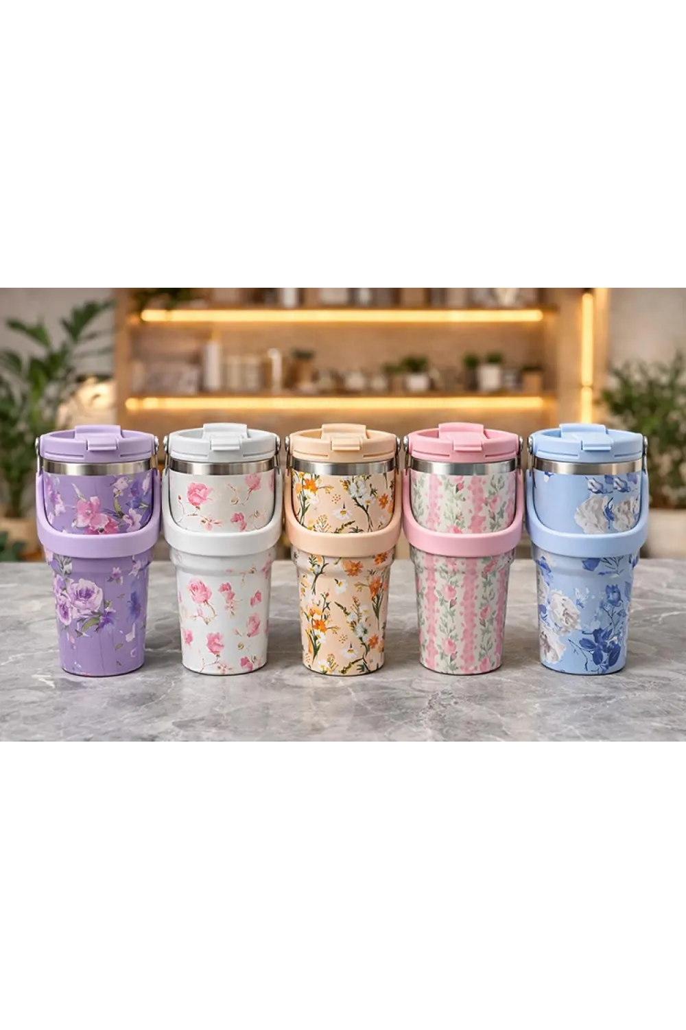 Çiçek Desenli 700 ml Taşıma Kulplu Paslanmaz Çelik Termos Mug Bardak
