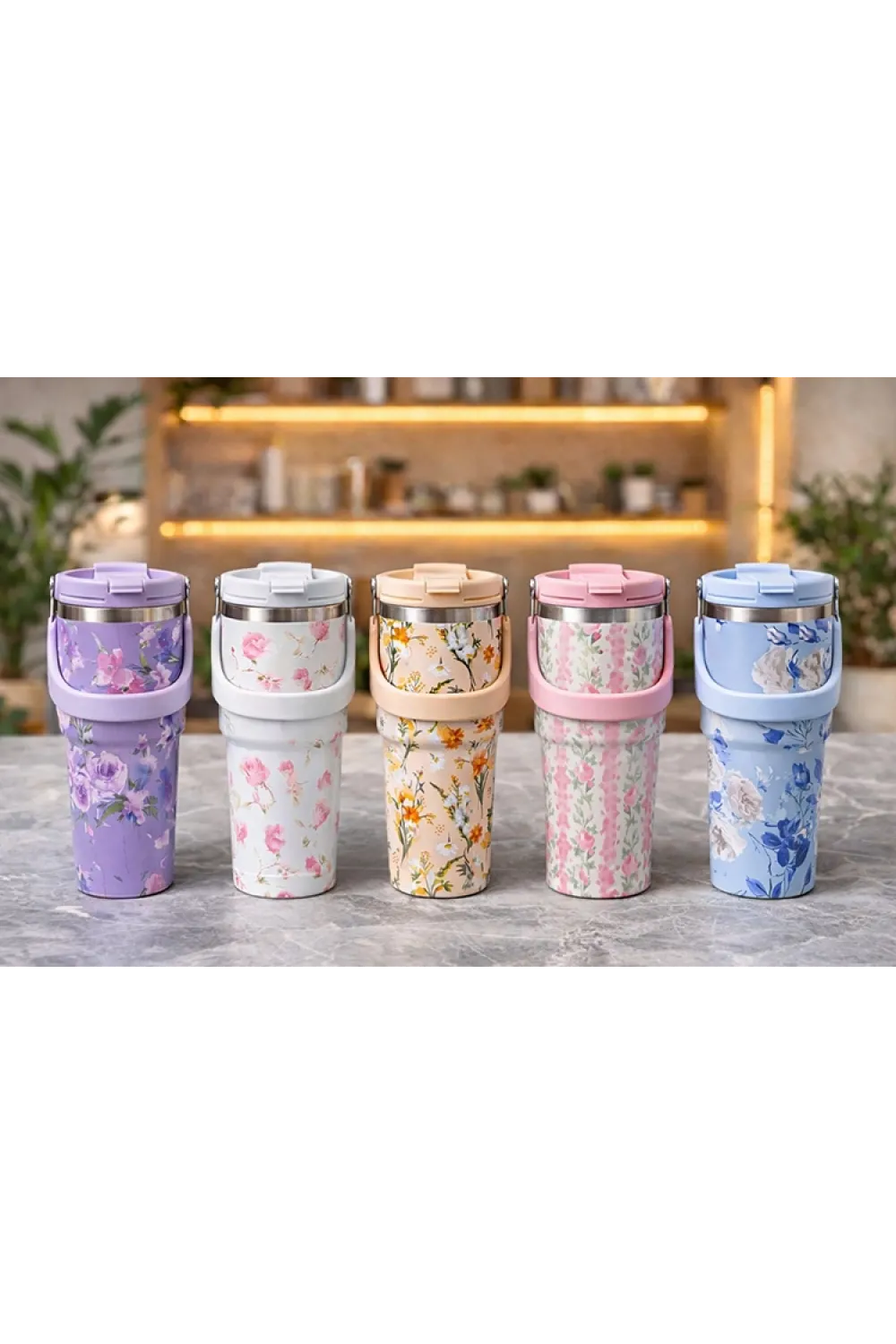 Çiçek Desenli 900 ml Taşıma Kulplu Paslanmaz Çelik Termos Mug Bardak