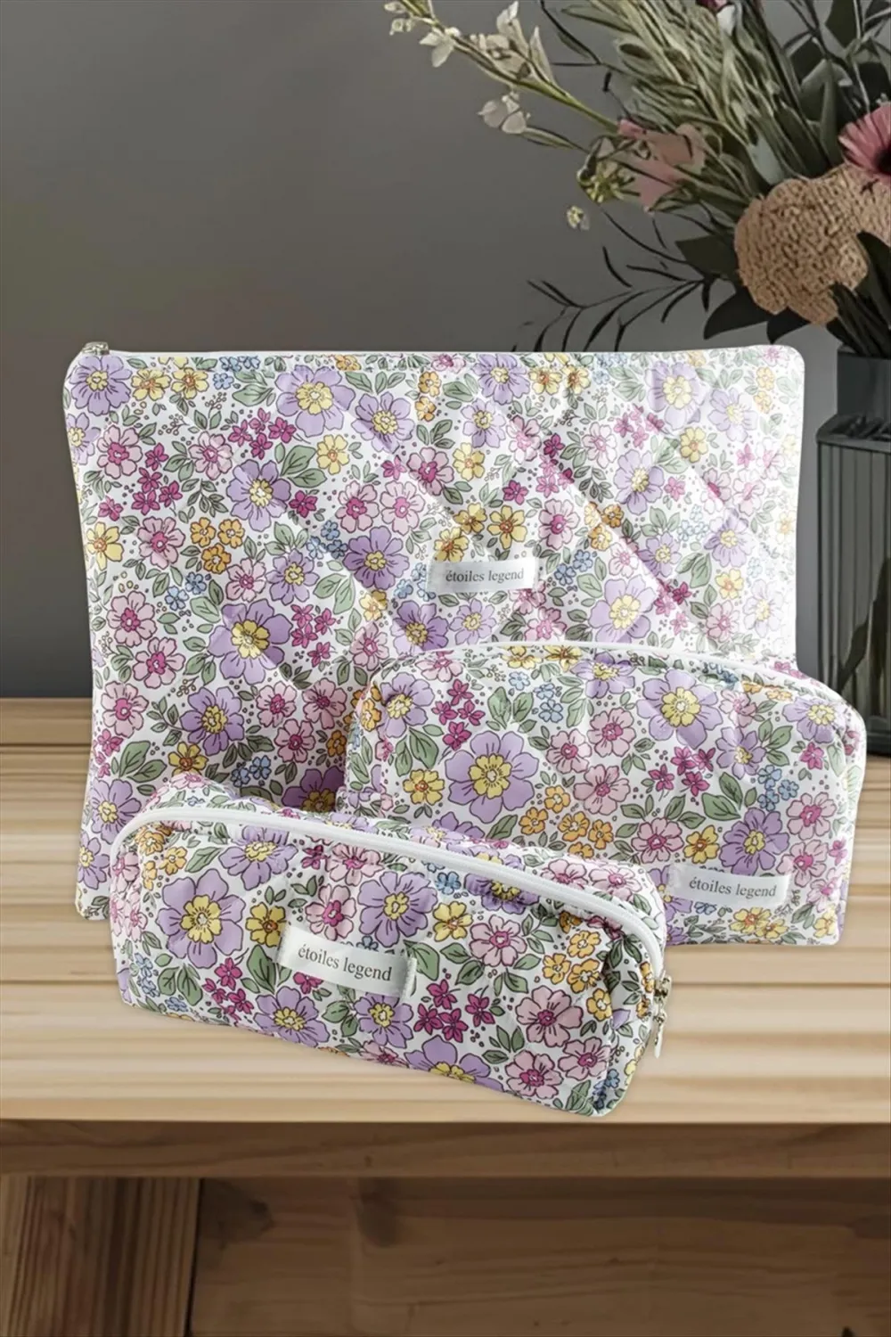 Çiçek Desenli Kalem Makyaj Labtop Bilgisayar Set Çantası