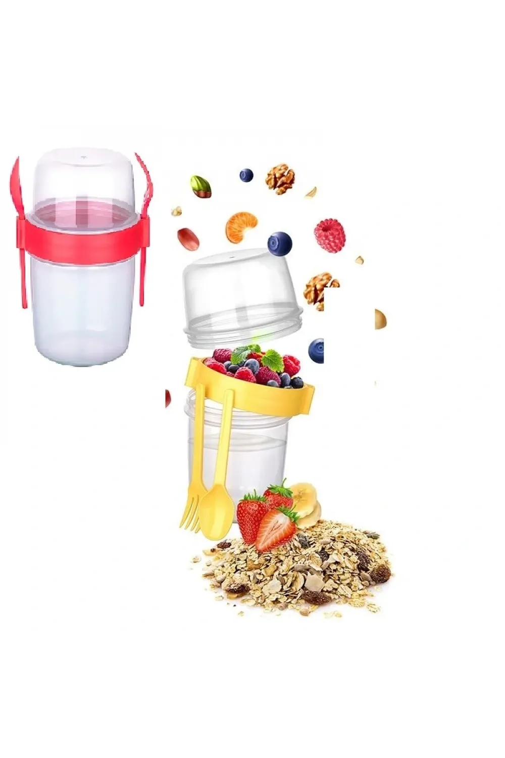 Çift Hazneli - Çatal Kaşıklı Portatif Müsli -atıştırmalık Kabı 650 Ml