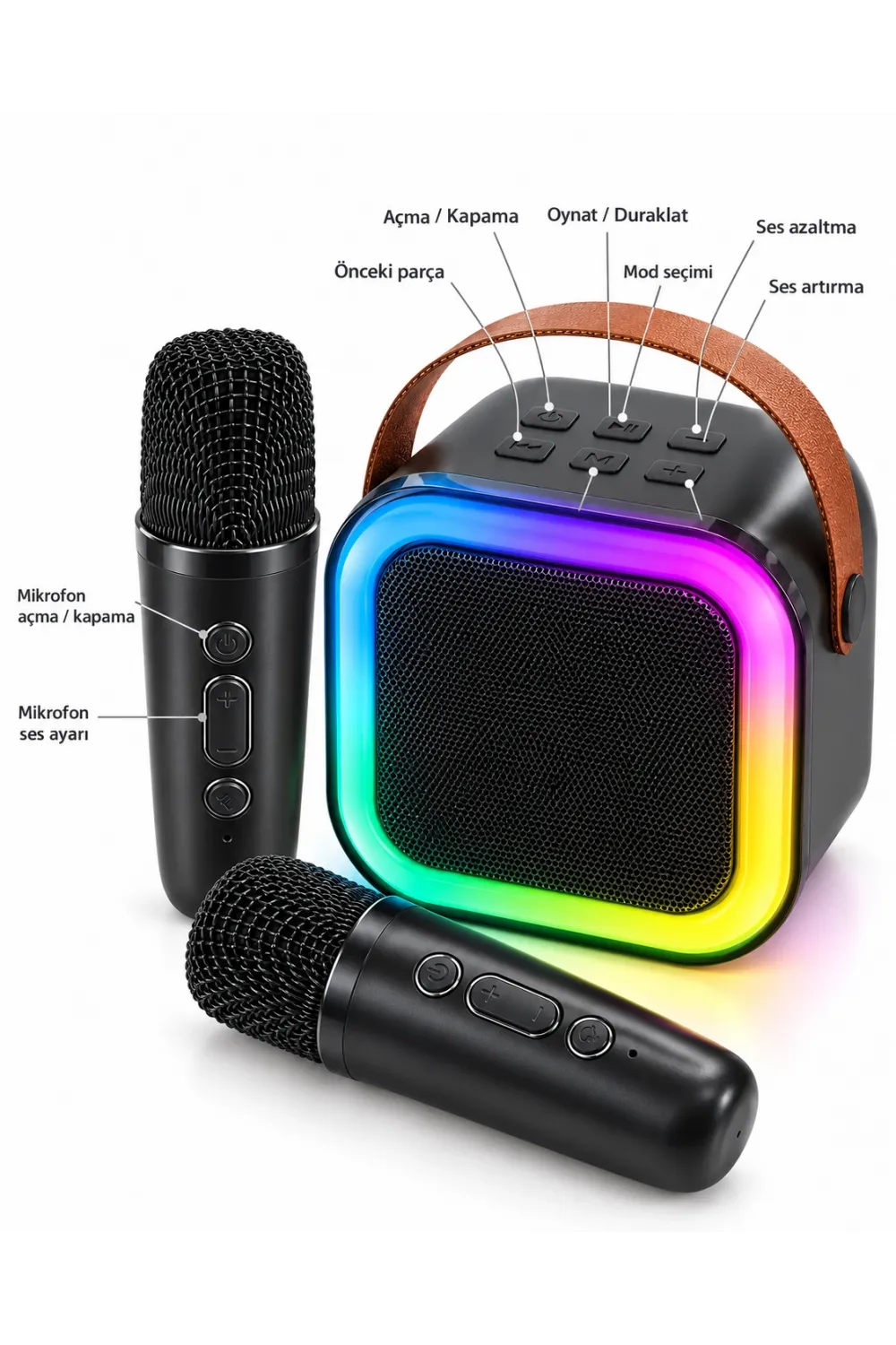 Çift Kablosuz Mikrofonlu LED Işıklı Bluetooth Karaoke Hoparlör Seti