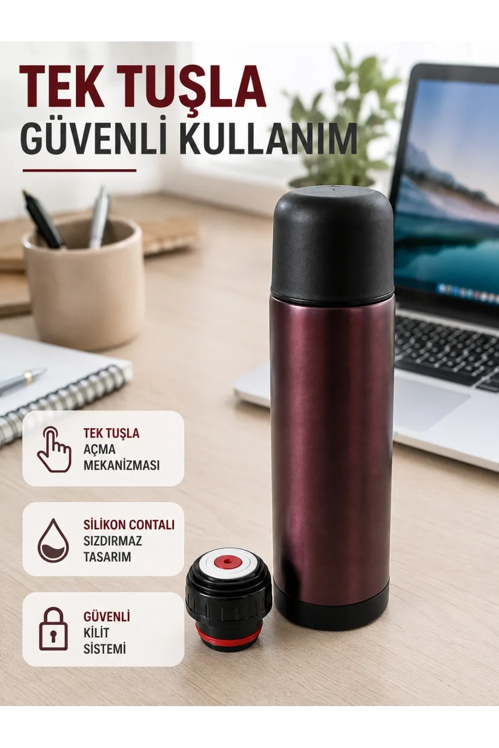 Çift Katmanlı Vakumlu Termos Ofis Araç Kamp İçin Paslanmaz Çelik Termos