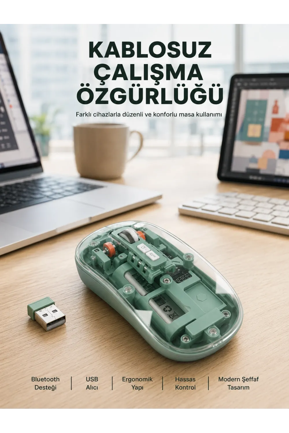 Çift Mod Bağlantılı Kablosuz Mouse Bluetooth Ve Usb Alıcılı Yeni Nesil