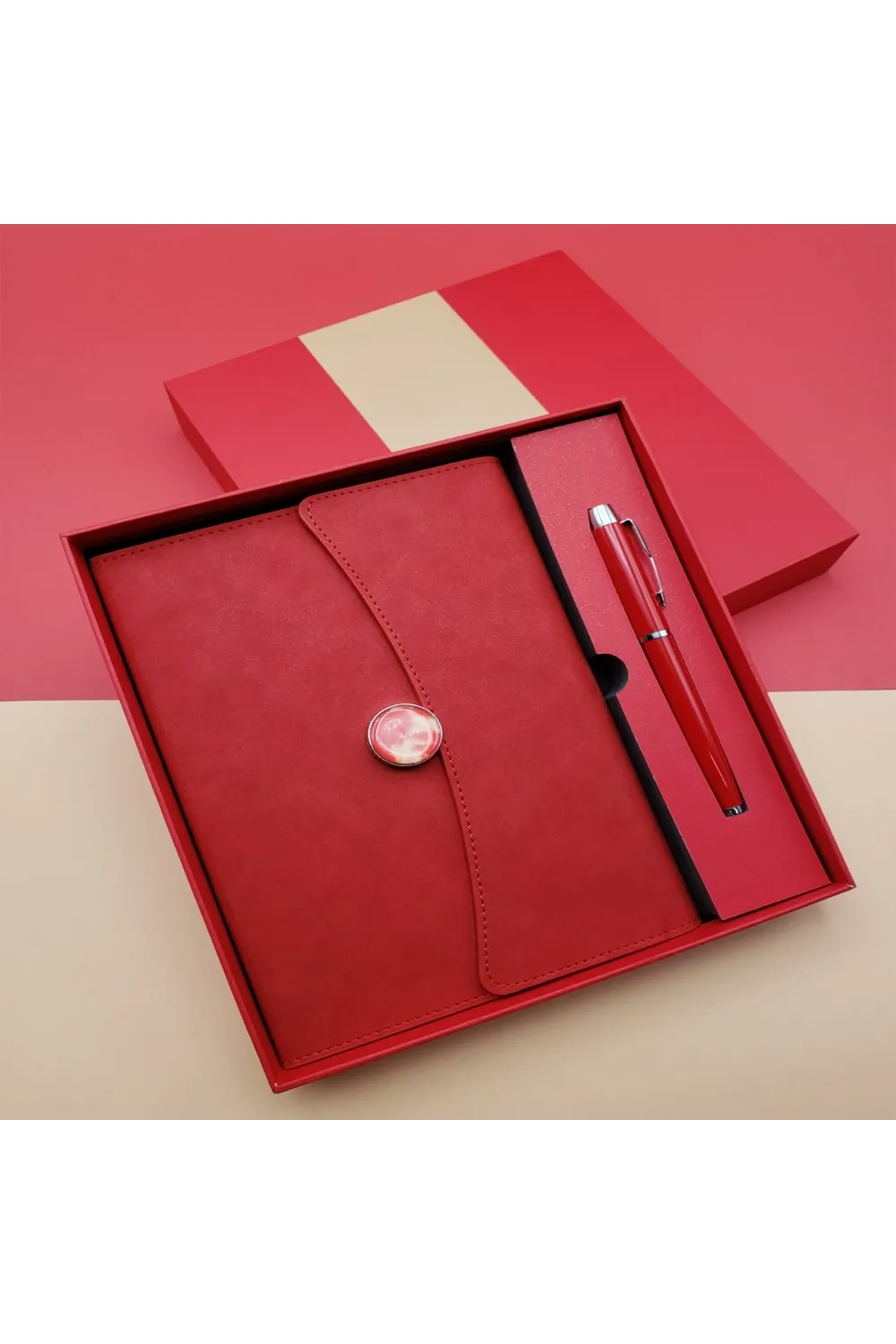 Çizgili Defter Ve Metal Kalem Seti Kırmızı