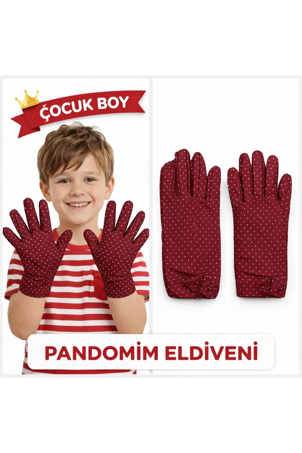 Çocuk Boy Pandomim Eldiveni Beyaz Puantiyeli Bordo Renk Gösteri Eldiveni 23 Nisan 19 Mayıs
