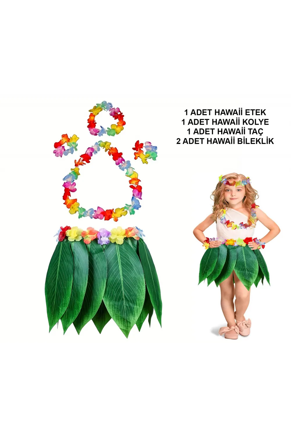 Çocuk Hawaii Kostüm Seti - Yaprak Etek & Hawaii Set - 5 Parça