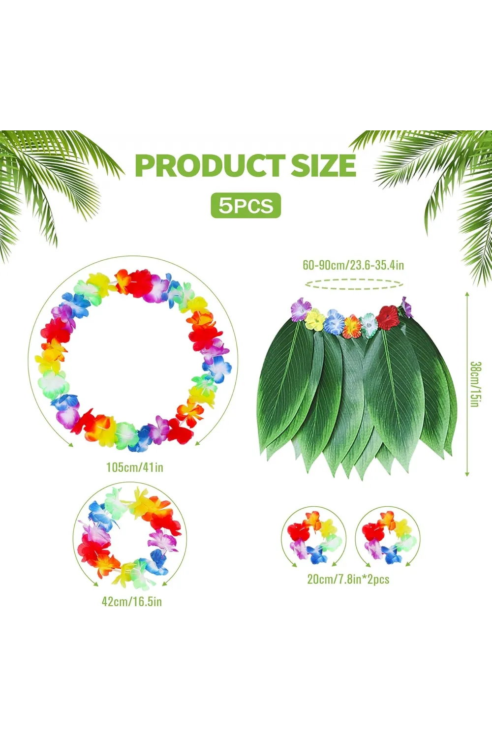 Çocuk Hawaii Kostüm Seti - Yaprak Etek & Hawaii Set - 5 Parça