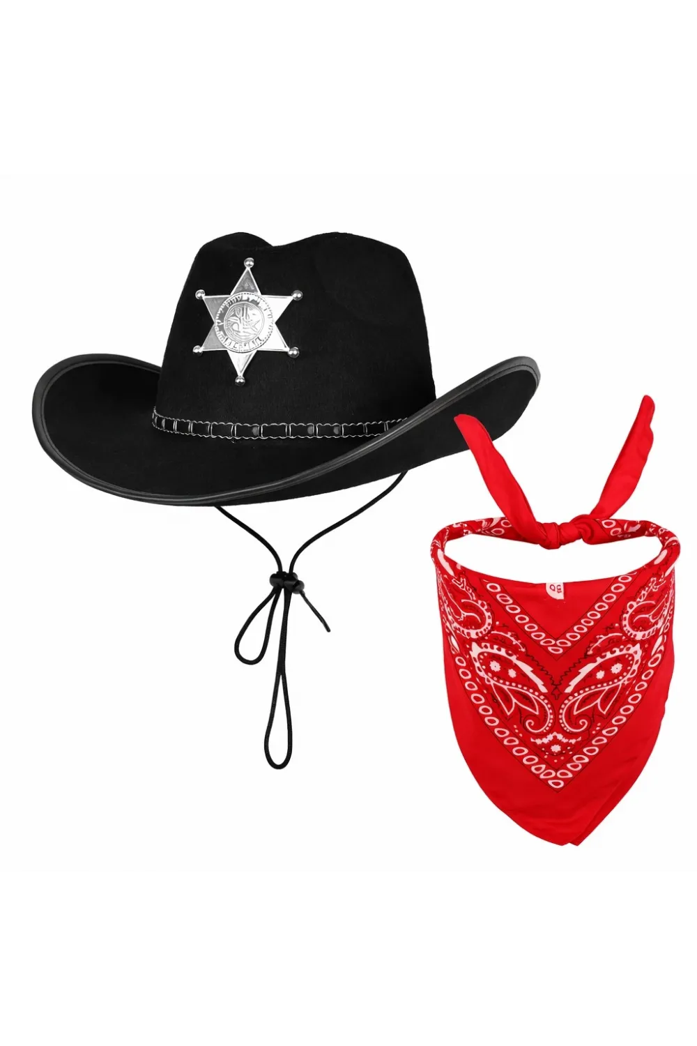 Çocuk Kovboy Şapka Rozetli Siyah & Kırmızı Bandana Fular Seti