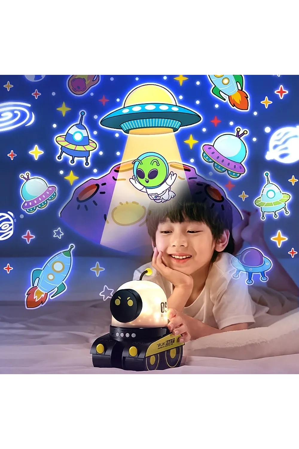 Çocuklar Için Eğitici Ve Eğlenceli Robot Temali Projektör Gece Lambasi