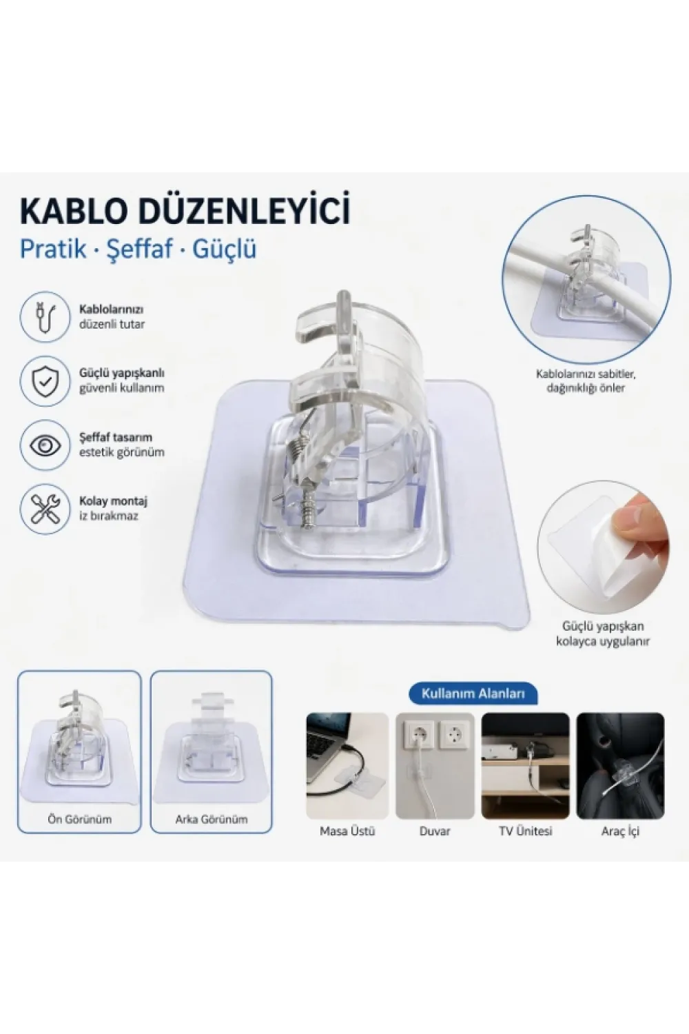 Çok Amaçlı Kıskaçlı Yapışkanlı Kablo ve Mop Tutucu