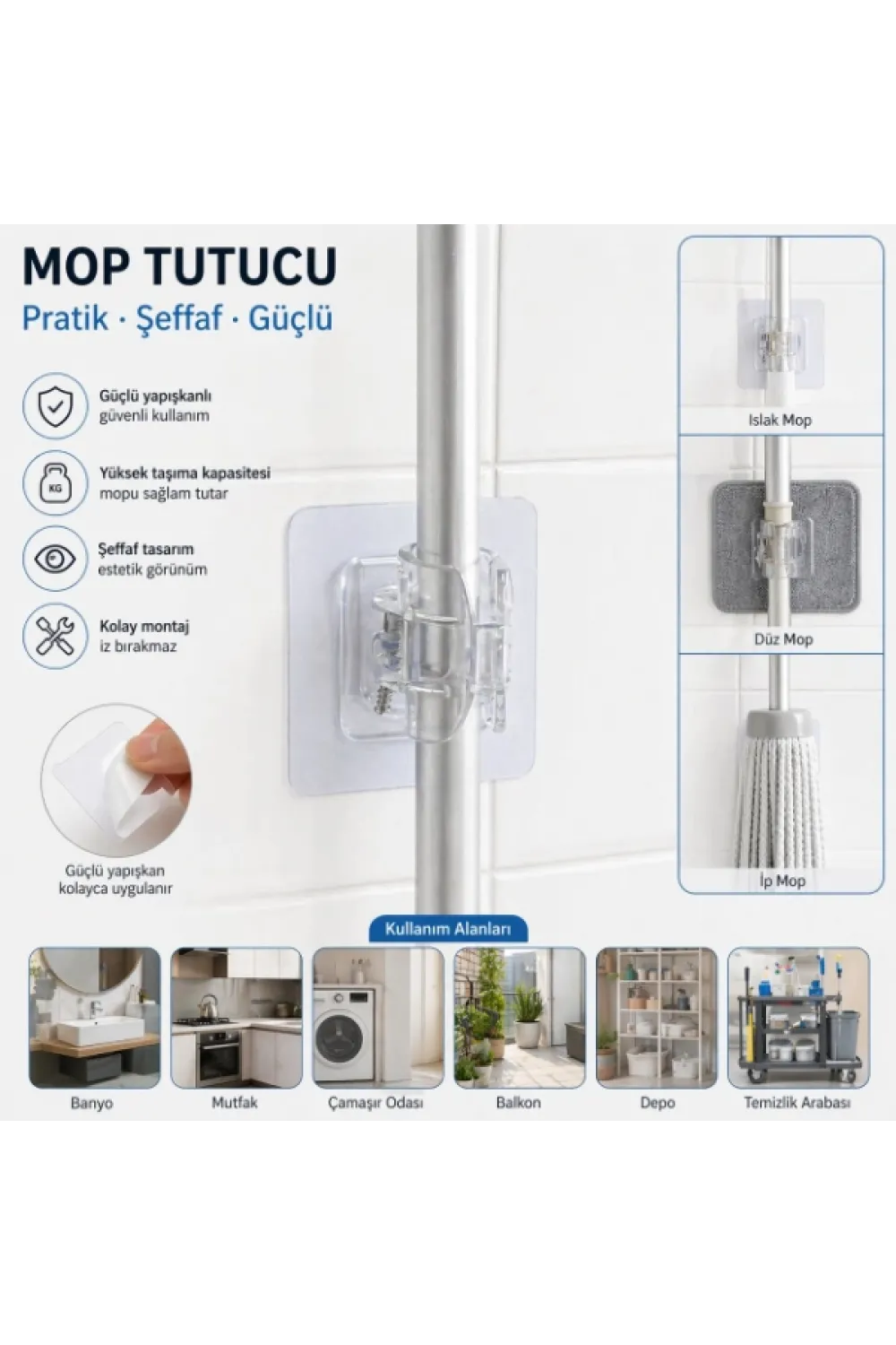 Çok Amaçlı Kıskaçlı Yapışkanlı Kablo ve Mop Tutucu