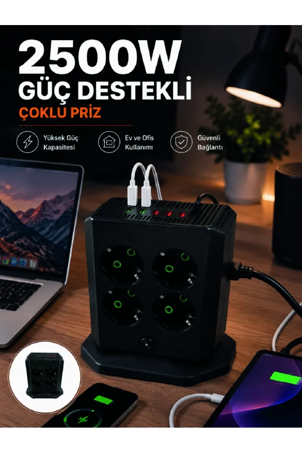 Çoklu Priz 8 Çıkışlı 4 Usb 2 Type-c Anahtarlı Dikey Priz Kulesi