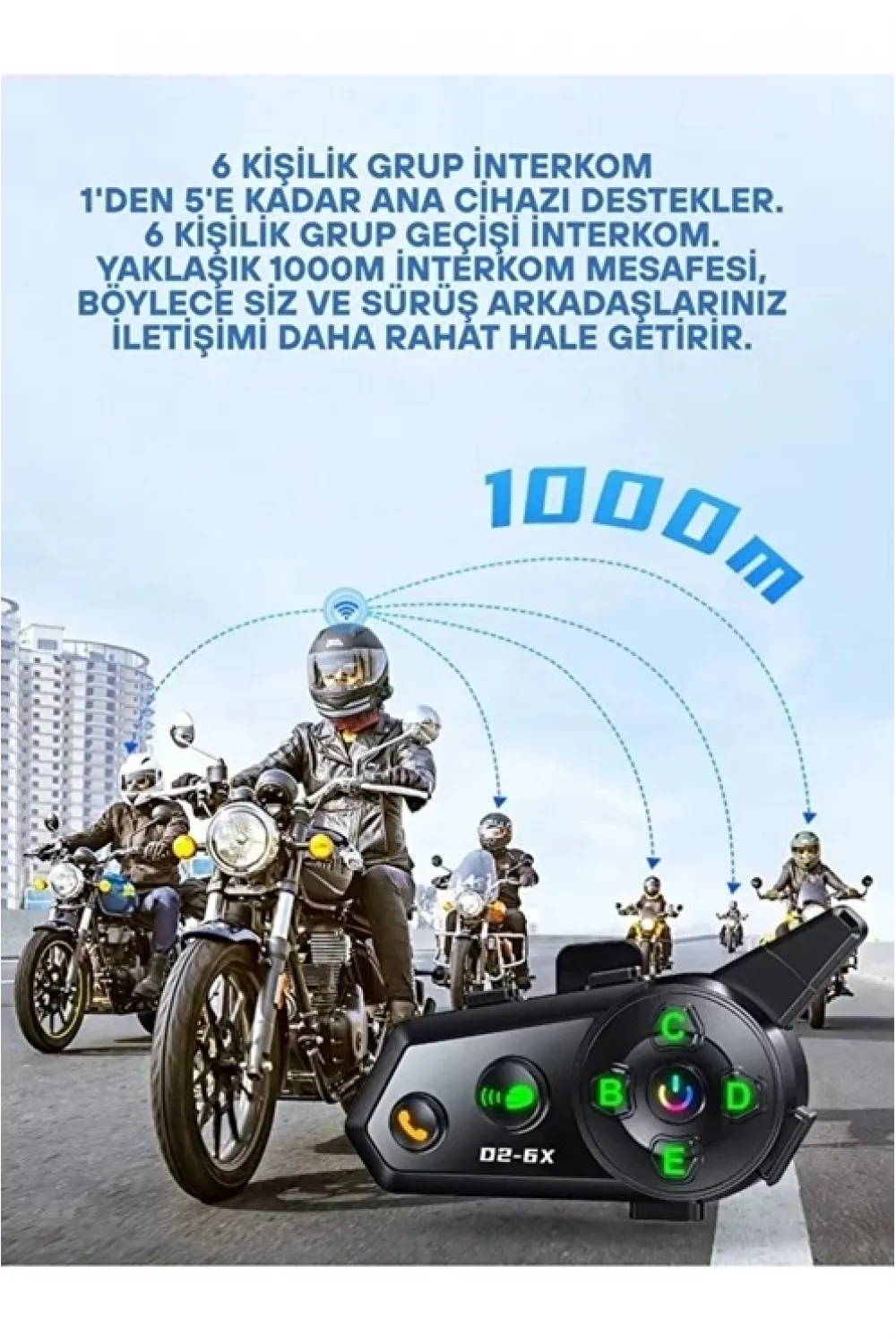 D2-6x 1000m Mesafeli 6 Kanallı İntercom Bluetooth Motosiklet Kask Kulaklığı İntercom Kulaklık
