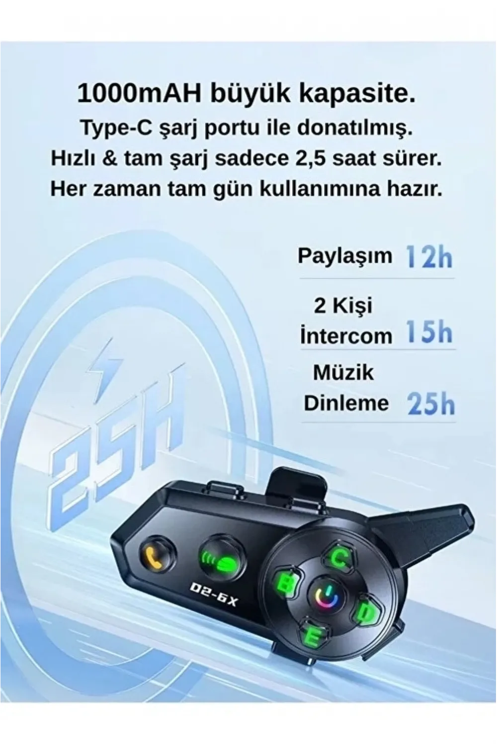 D2-6x 1000m Mesafeli 6 Kanallı İntercom Bluetooth Motosiklet Kask Kulaklığı İntercom Kulaklık